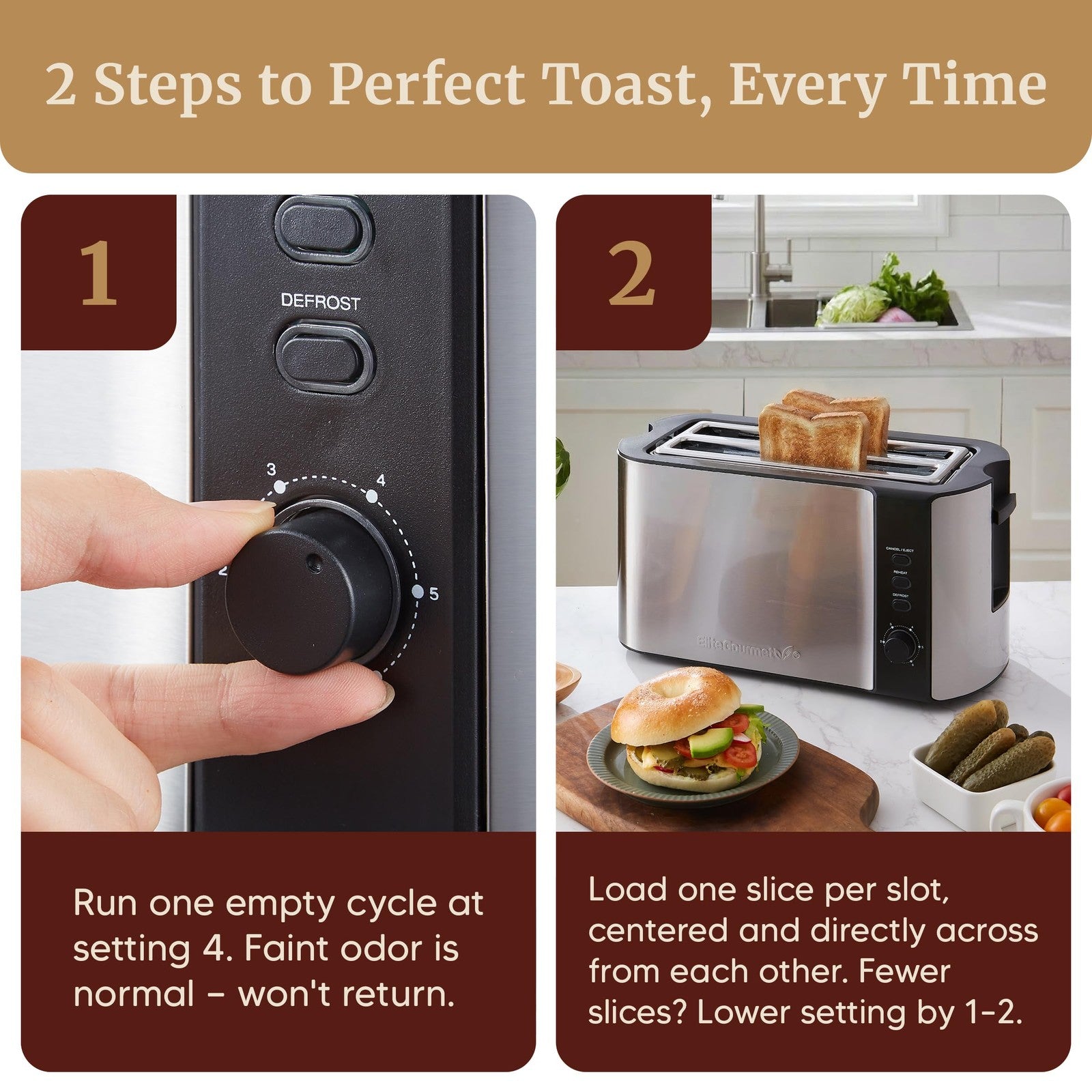 Elite Gourmet 4 Slice Long Slot Toaster Wide Slots Warming Rack Extra wide