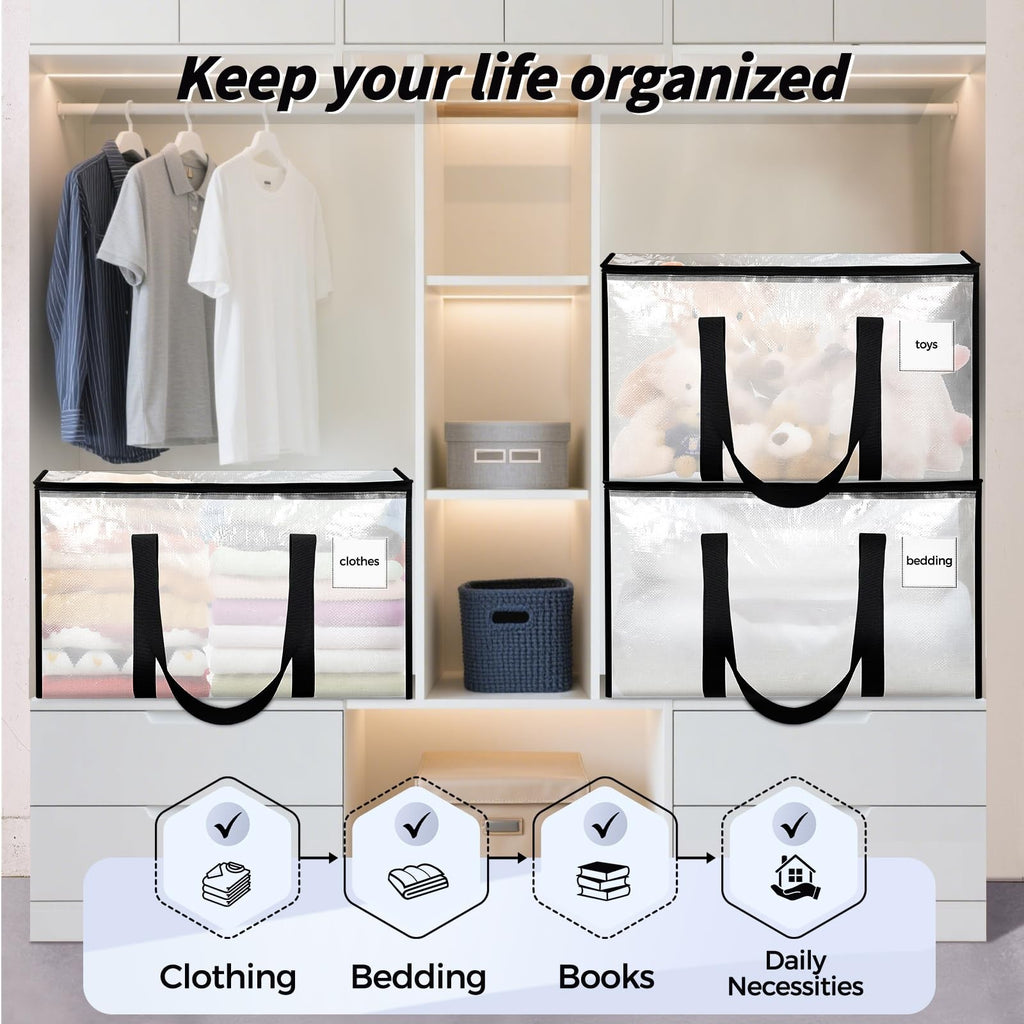 8 Pack Extra Large Heavy Duty Moving Bags Clear Storage Bins with Lids Reinforce