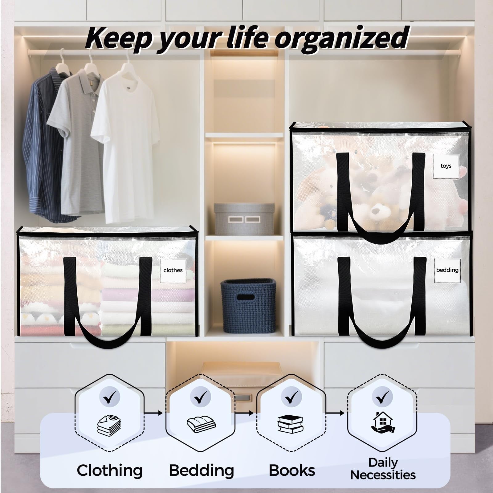 8 Pack Extra Large Heavy Duty Moving Bags Clear Storage Bins with Lids Reinforce