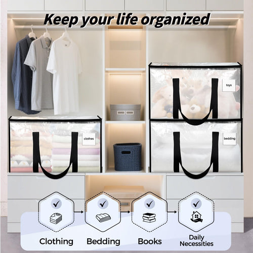 8 Pack Extra Large Heavy Duty Moving Bags Clear Storage Bins with Lids Reinforce