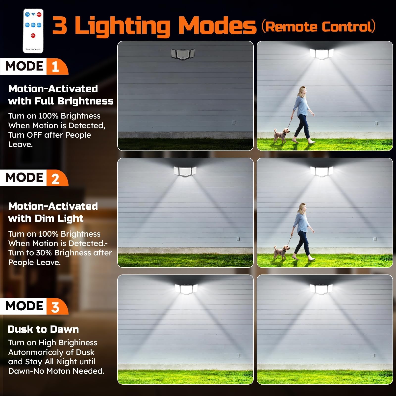 LED Security Motion Sensor Outdoor Lights 6500K Remote Control Floodlights, Dusk