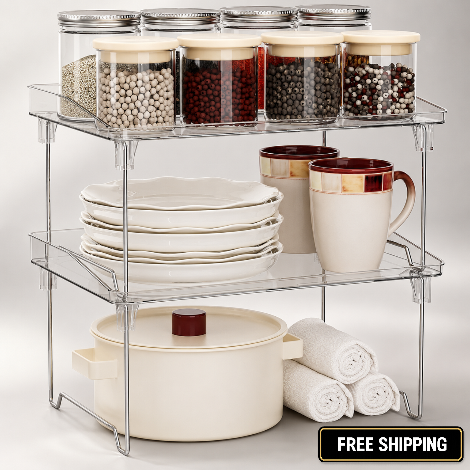 STARLATTA 2 Pcs Cabinet Organizer Shelf, Stackable Kitchen Counter Shelves,