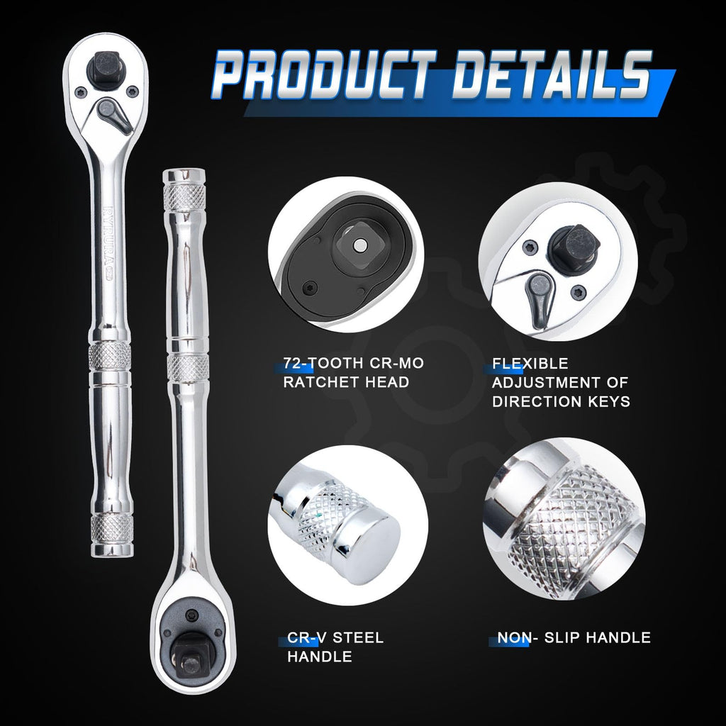 Ryrura 3-IN-1 Ratchet Handle,1/4",3/8",1/2 '' Drive- Wrench 72-Tooth Reversible