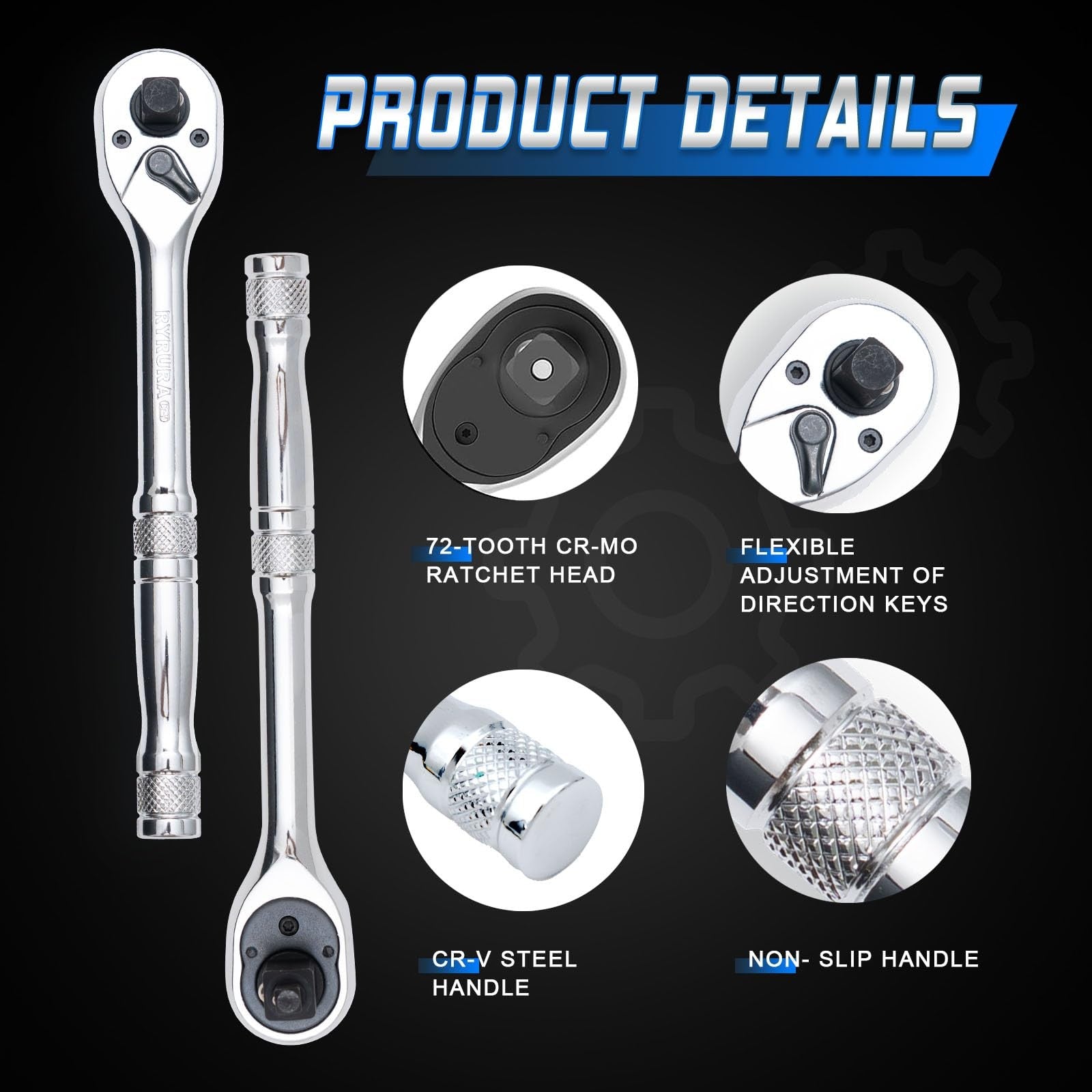 Ryrura 3-IN-1 Ratchet Handle,1/4",3/8",1/2 '' Drive- Wrench 72-Tooth Reversible