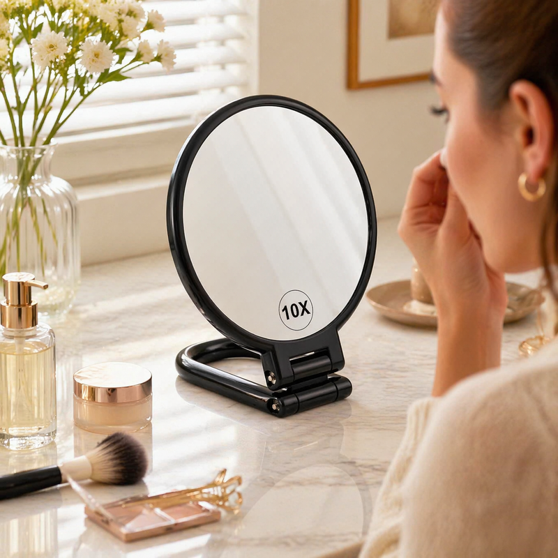 BOOMIBOO Handheld Magnifying Mirror 10X Foldable Travel Makeup Desk Vanity Black