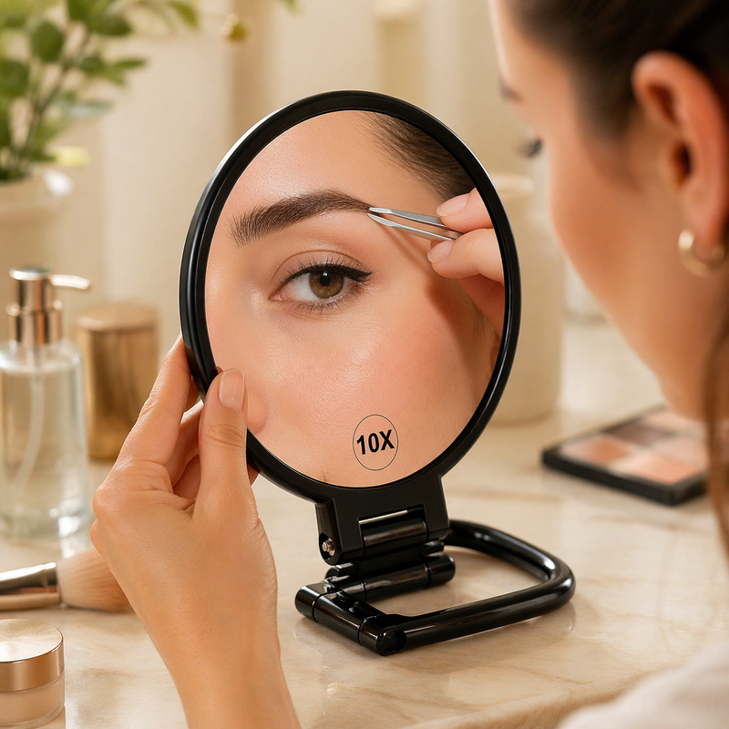 BOOMIBOO Handheld Magnifying Mirror 10X Foldable Travel Makeup Desk Vanity Black