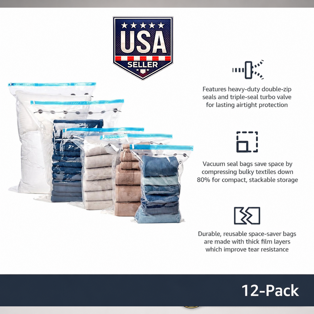 12 Vacuum Storage Bags w/ Hand Pump 3 S/M/L/Jumbo Space Saver Compression