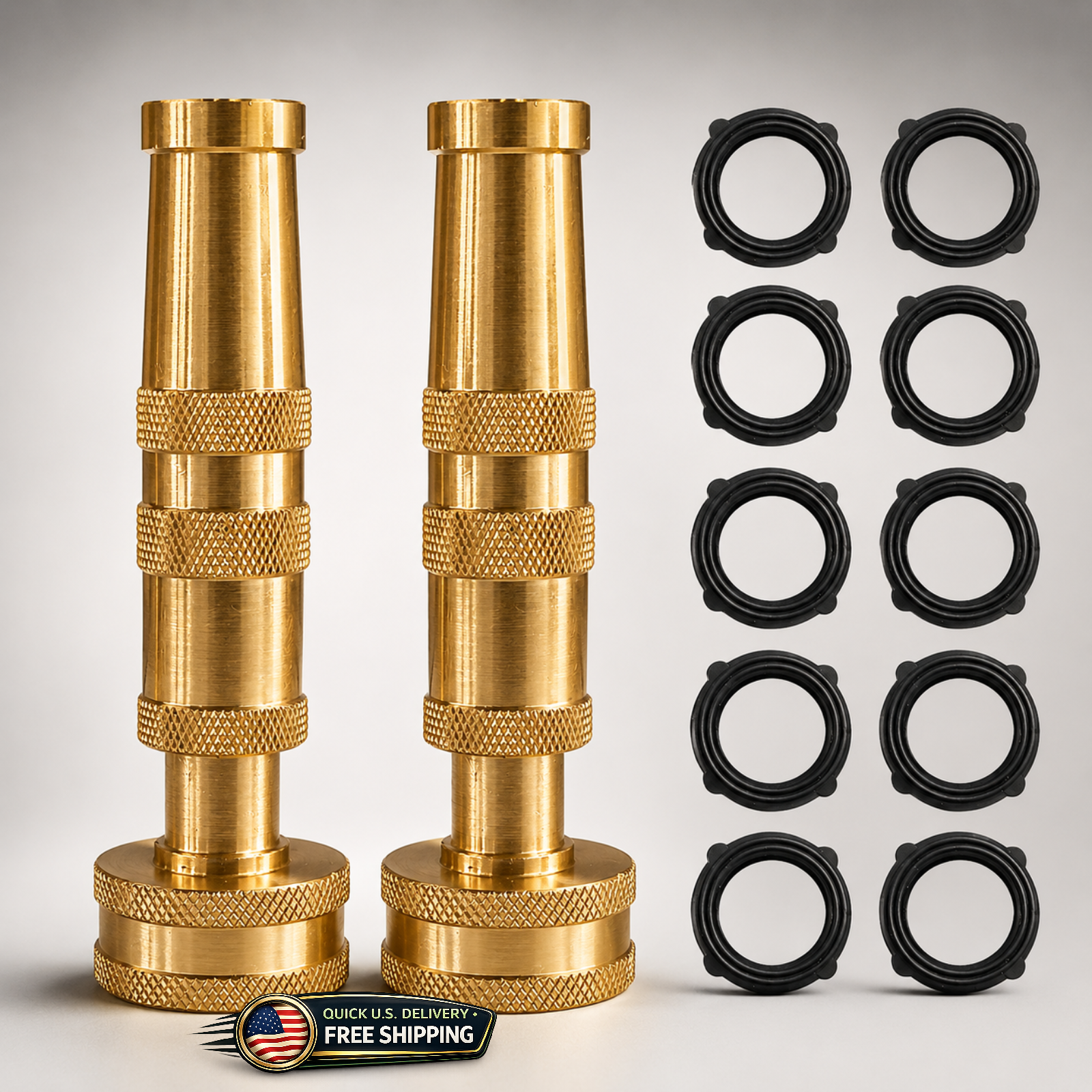 2 Pack 4" Brass Adjustable Garden Hose Nozzles w/10 Rubber Washers 3/4"
