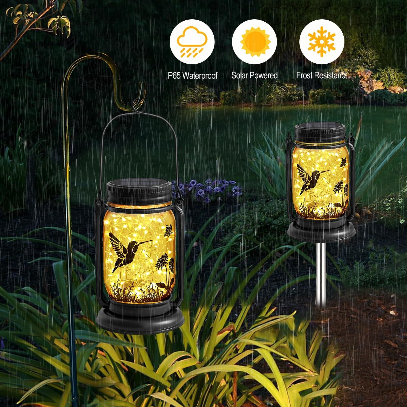 Solar Mason Jar Lantern Waterproof Hummingbird LED Garden Decor Patio Yard