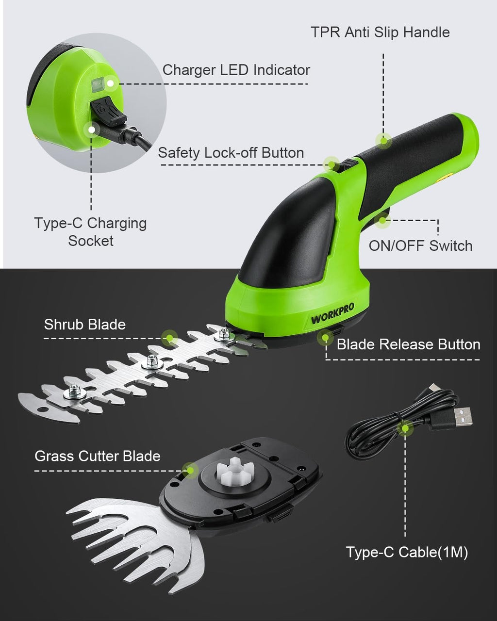 WORKPRO Cordless Grass Shear & Shrubbery Trimmer - 2 in 1 Handheld 7.2V Electric