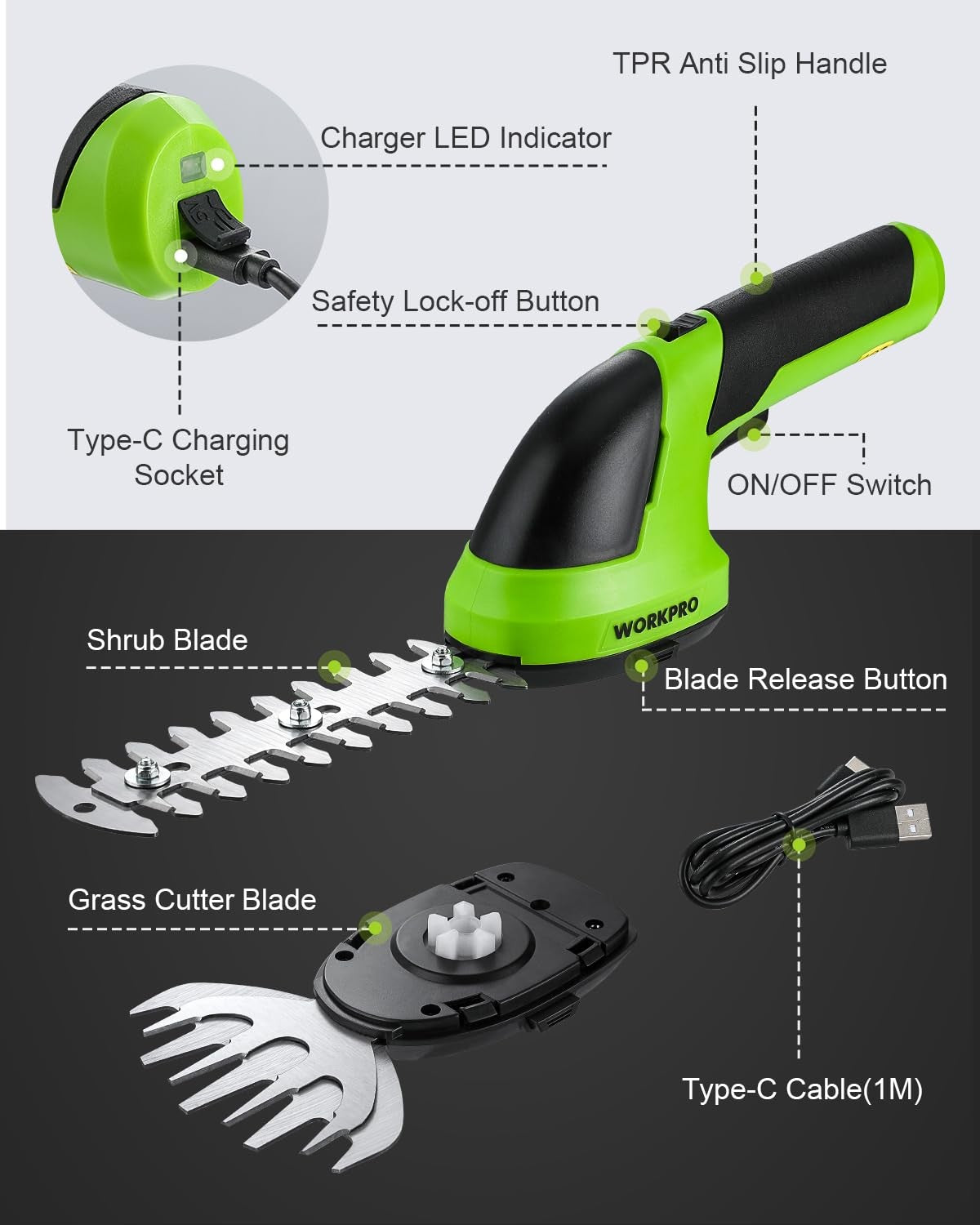 WORKPRO Cordless Grass Shear & Shrubbery Trimmer - 2 in 1 Handheld 7.2V Electric