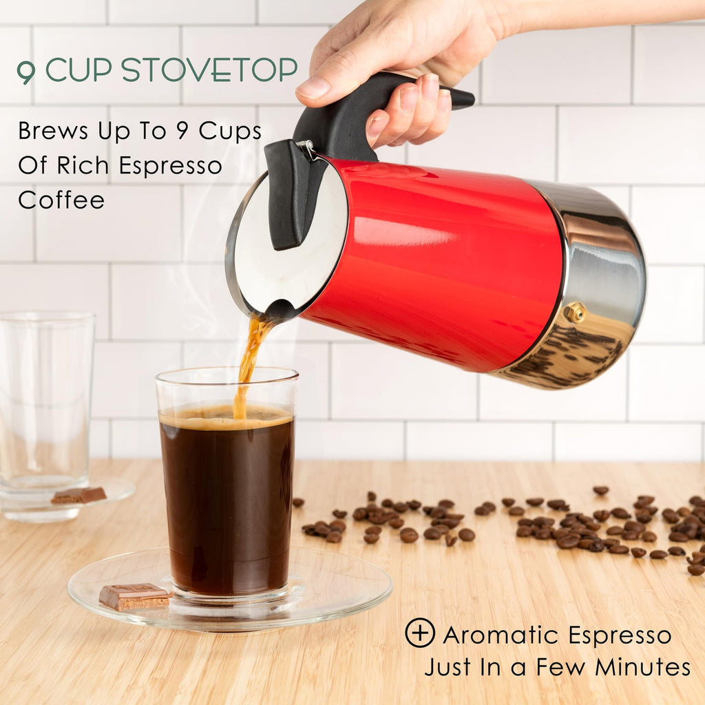Mixpresso Red 9 Cup Greca Stovetop Espresso Pot 450Ml/15Oz, Moka Pot with Coffee
