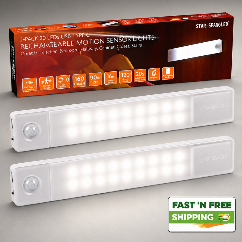 STAR-SPANGLED Motion Sensor LED Under Cabinet Light Rechargeable Magnetic 2 Pack