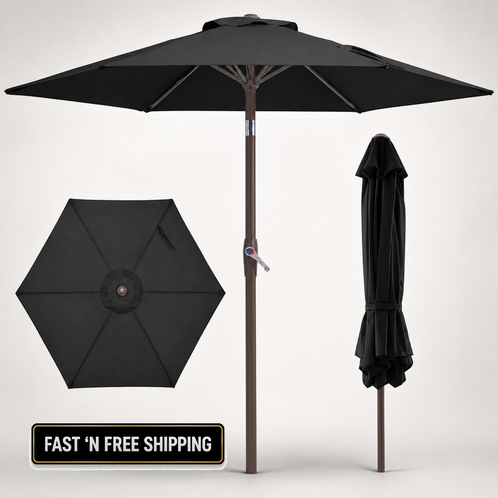 JEAREY 7.5 FT Patio Umbrella Black Tilt Crank 6 Rib Outdoor Market Umbrella