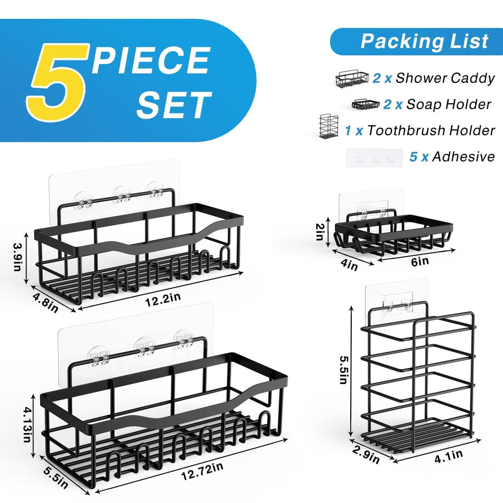EUDELE 5 Pack Adhesive Shower Caddy Set Stainless Steel No Drill Black Bath