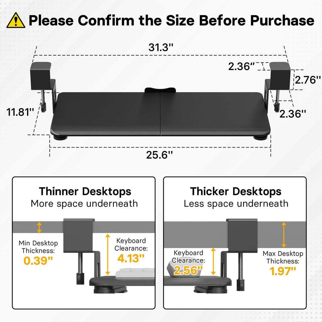 BONTEC Under Desk Keyboard Tray 25.6x11.8in Pull Out Drawer C-Clamp Mount Black