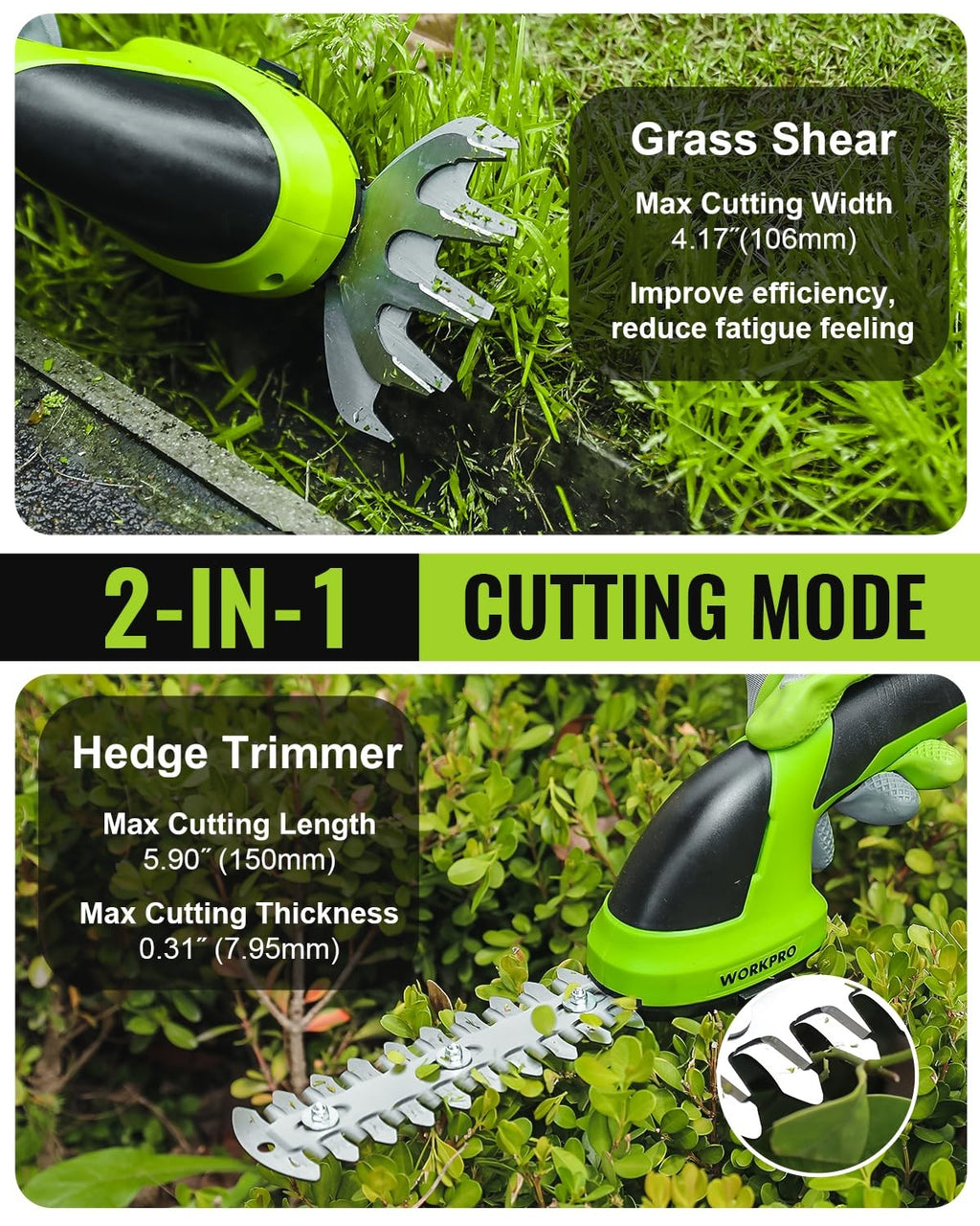 WORKPRO Cordless Grass Shear & Shrubbery Trimmer - 2 in 1 Handheld 7.2V Electric