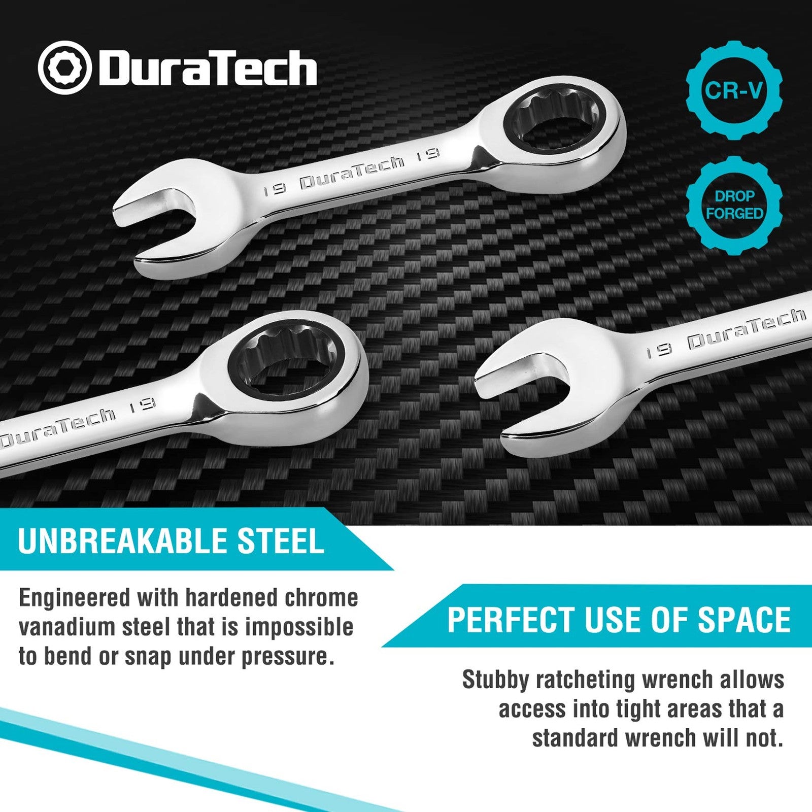 DURATECH 8-Pc Metric Stubby Ratcheting Wrench Set 10-19mm CR-V w/ Roll Pouch